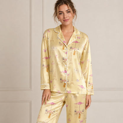 PJ-075-Unisex Yellow Paris Eiffel Tower Print Satin Pajamas French Cafe Loungewear Sleepwear Nightwear Pjs Two Piece FREE SHIPING