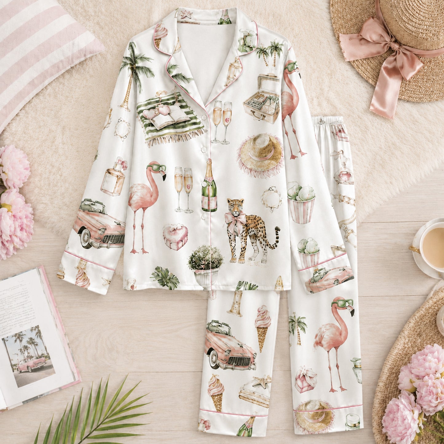 PJ-076-Satin White Retro Flamingo Pink Piping Button Up Pajama Set FREE SHIPING