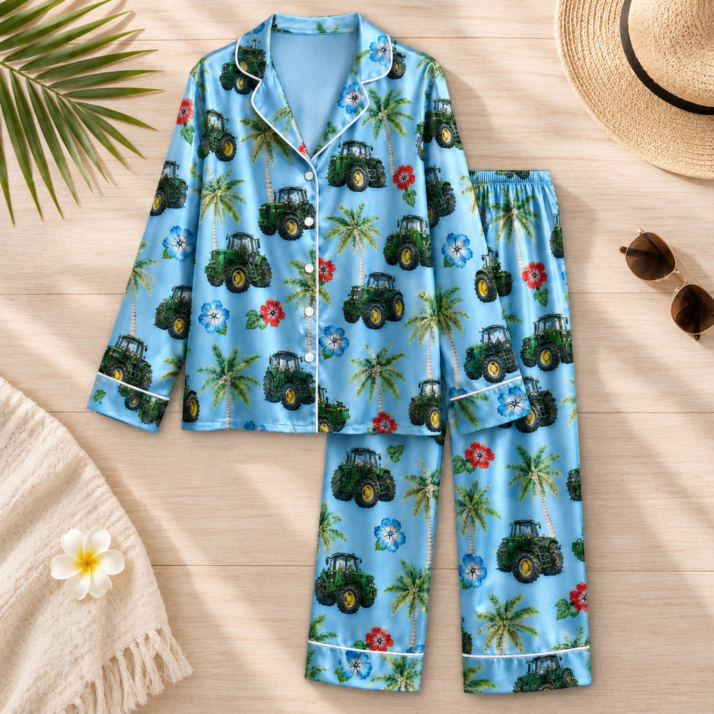 PJ-077-Unisex Blue Green Tractor Print Satin Pajamas Palm Tree Tropical Loungewear Sleepwear Nightwear Pjs Two Piece FREE SHIPING