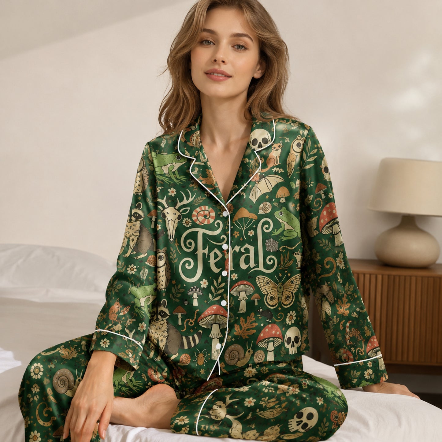 PJ-078-Feral Forest Pajama Set Featuring Woodland Animals, Mushrooms, Skulls, and Mystical Nature Print FREE SHIPING