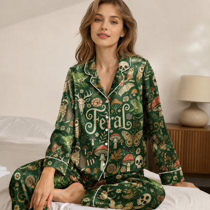 PJ-078-Feral Forest Pajama Set Featuring Woodland Animals, Mushrooms, Skulls, and Mystical Nature Print FREE SHIPING