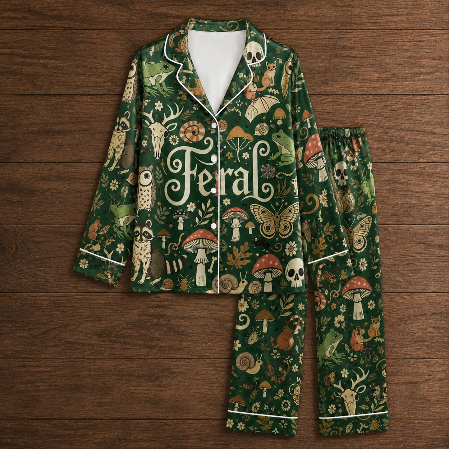 PJ-078-Feral Forest Pajama Set Featuring Woodland Animals, Mushrooms, Skulls, and Mystical Nature Print FREE SHIPING