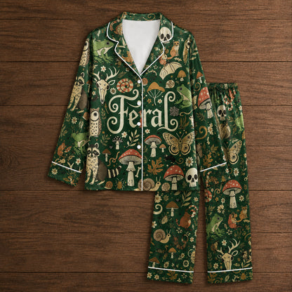 PJ-078-Feral Forest Pajama Set Featuring Woodland Animals, Mushrooms, Skulls, and Mystical Nature Print FREE SHIPING