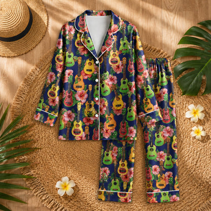 PJ-079-Colorful Ukulele Pajama Set Featuring Hibiscus Flowers and Tropical Summer Pattern Design FREE SHIPING
