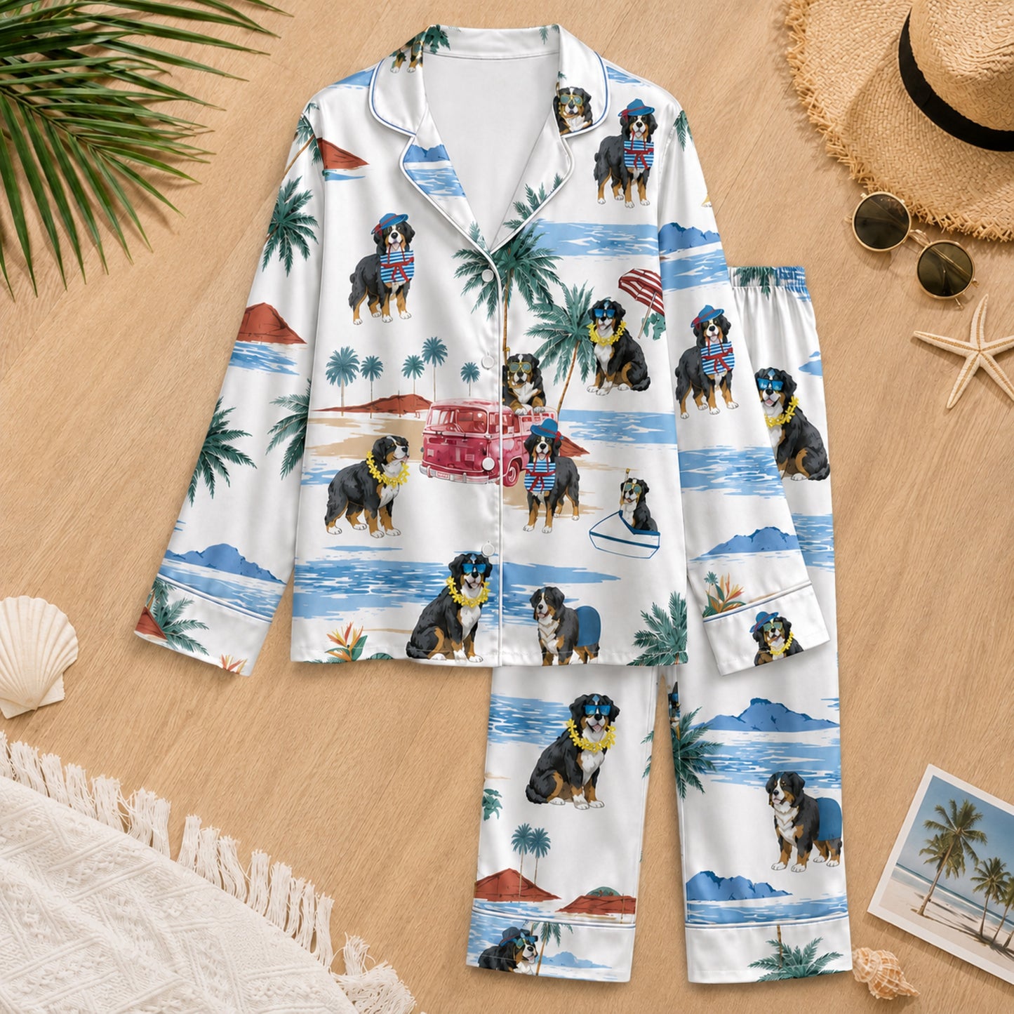 PJ-081-Tropical Dog Pajama Set with Sunglasses Dogs, Vintage Car, and Summer Beach Artwork FREE SHIPING