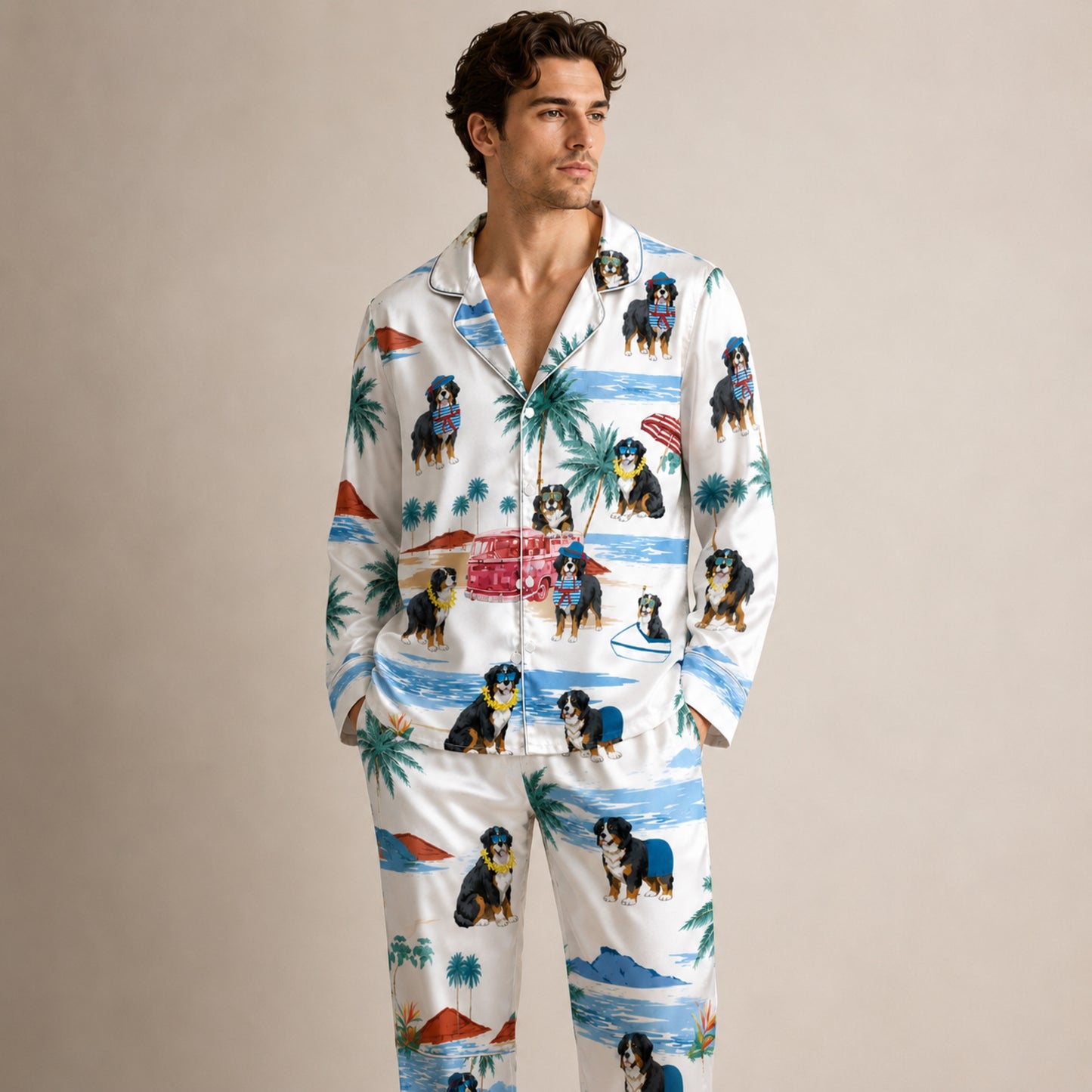 PJ-081-Tropical Dog Pajama Set with Sunglasses Dogs, Vintage Car, and Summer Beach Artwork FREE SHIPING