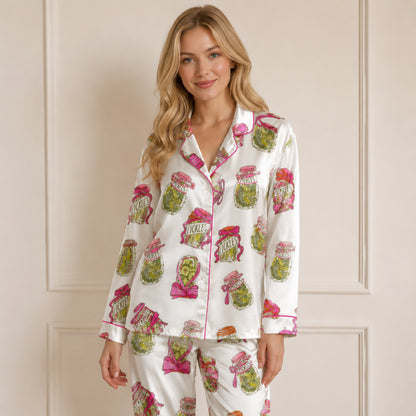 PJ-082-Pickle Jar Pajama Set with Vintage Mason Jar Labels and Food-Themed Novelty Pattern FREE SHIPING