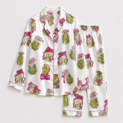 PJ-082-Pickle Jar Pajama Set with Vintage Mason Jar Labels and Food-Themed Novelty Pattern FREE SHIPING