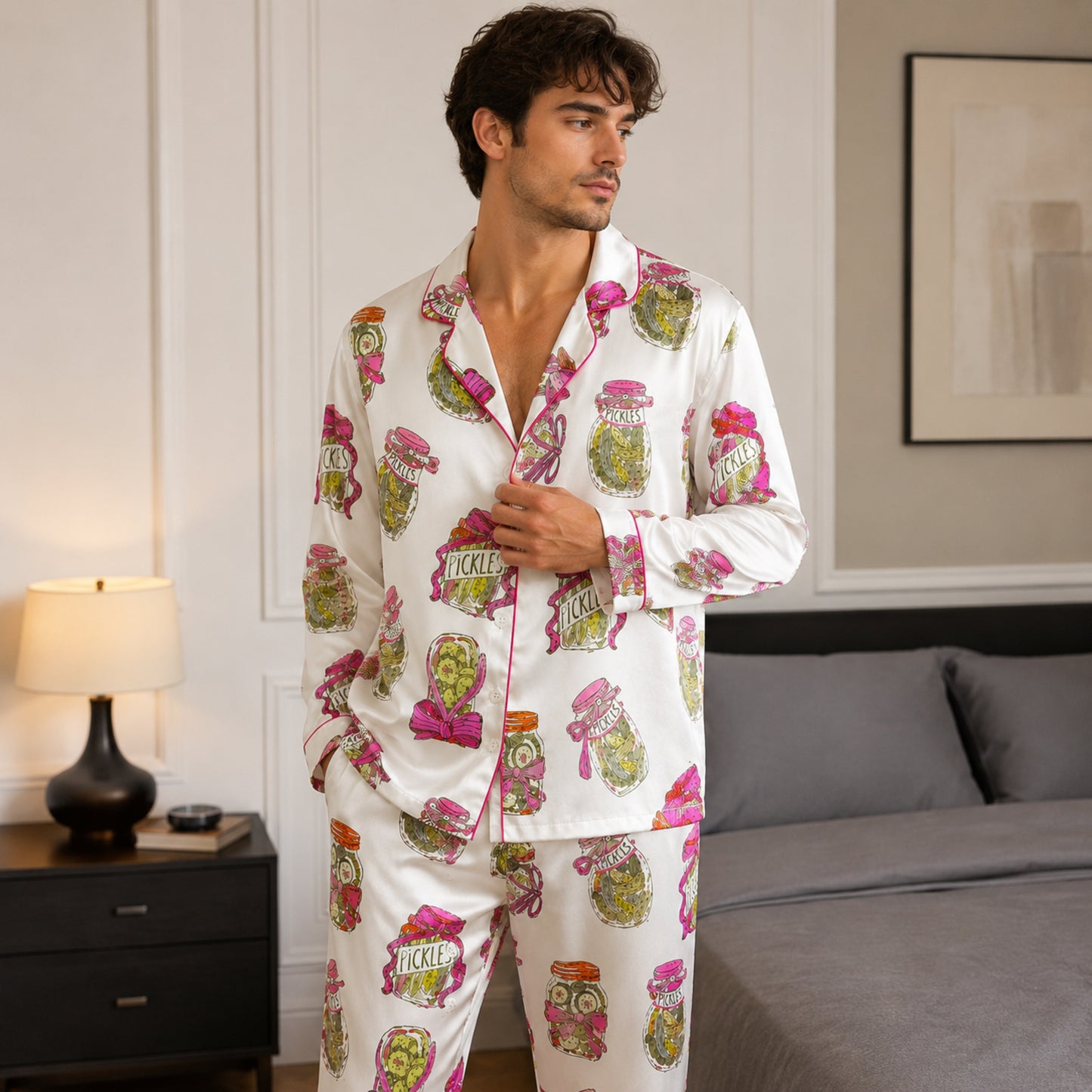 PJ-082-Pickle Jar Pajama Set with Vintage Mason Jar Labels and Food-Themed Novelty Pattern FREE SHIPING