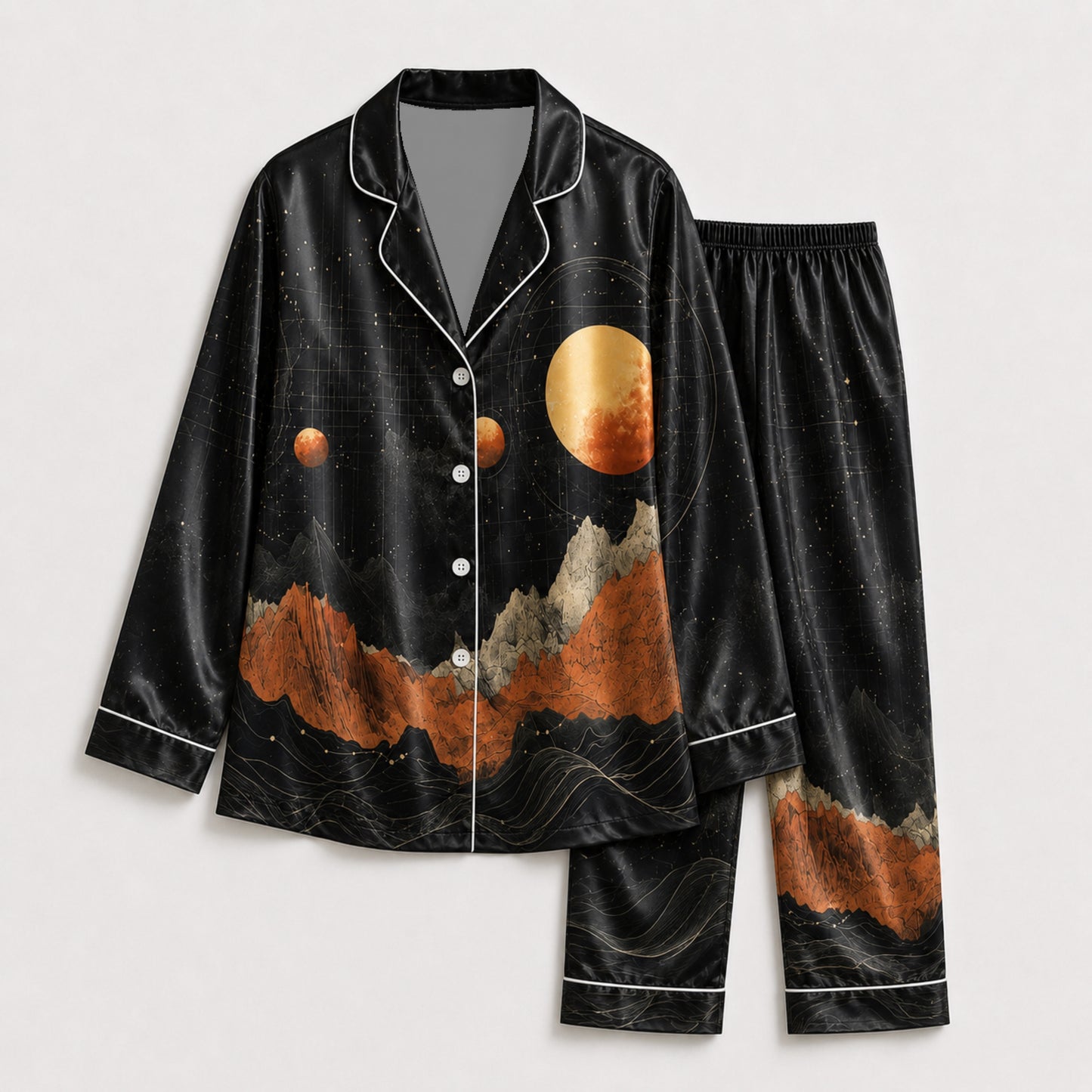 PJ-083-Moon Mountain Pajama Set Featuring Celestial Landscape, Planets, and Starry Night Artwork FREE SHIPING