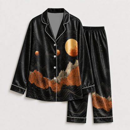 PJ-083-Moon Mountain Pajama Set Featuring Celestial Landscape, Planets, and Starry Night Artwork FREE SHIPING