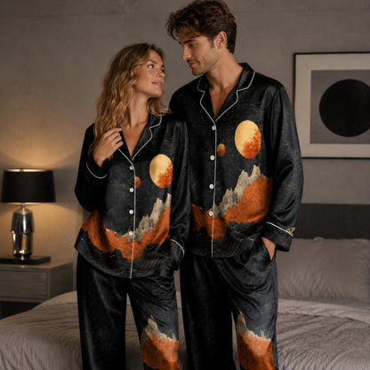 PJ-083-Moon Mountain Pajama Set Featuring Celestial Landscape, Planets, and Starry Night Artwork FREE SHIPING