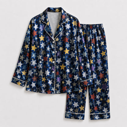 PJ-085-Unisex Star Pajama Set with Colorful Celestial Star Pattern and Matching Sleepwear FREE SHIPING