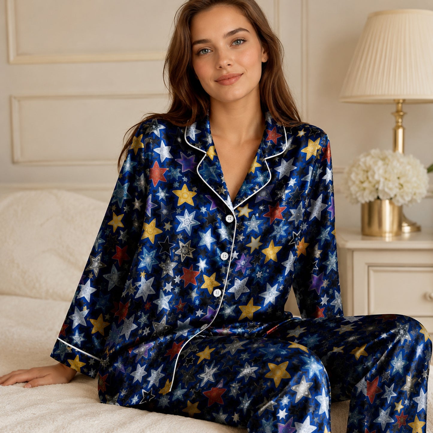 PJ-085-Unisex Star Pajama Set with Colorful Celestial Star Pattern and Matching Sleepwear FREE SHIPING