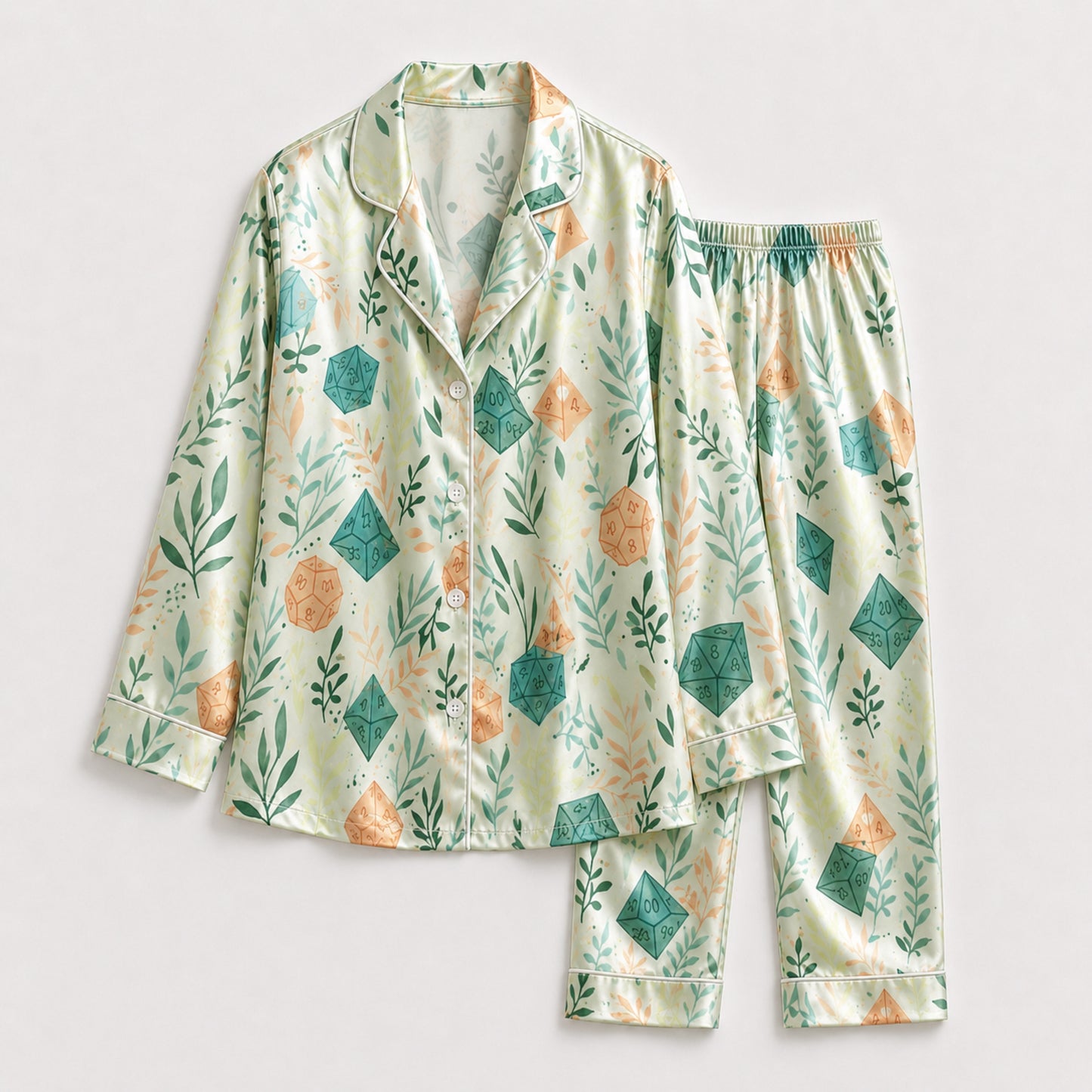 PJ-086-Dice and Leaves Pajama Set with Polyhedral RPG Pattern and Whimsical Game Artwork FREE SHIPING