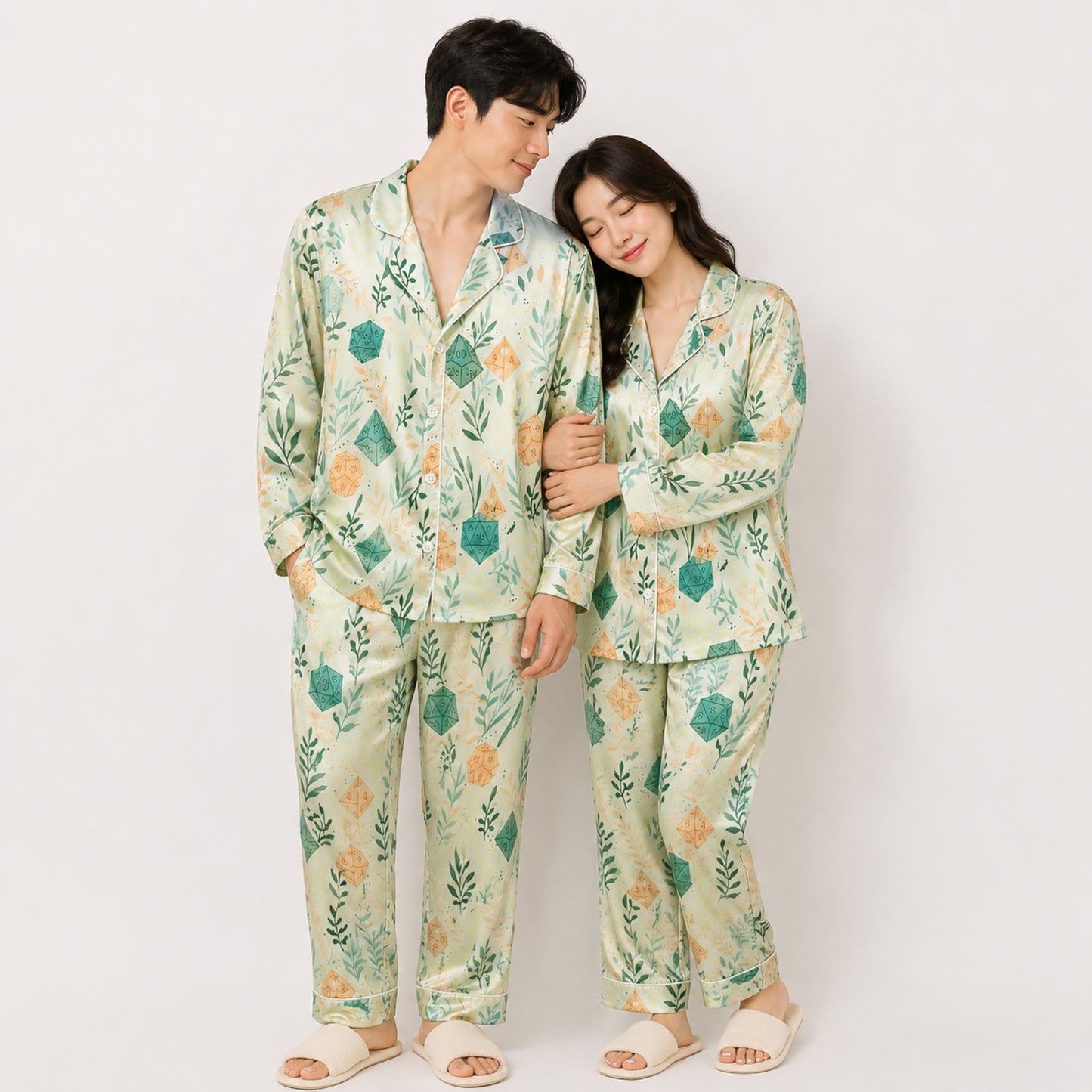 PJ-086-Dice and Leaves Pajama Set with Polyhedral RPG Pattern and Whimsical Game Artwork FREE SHIPING