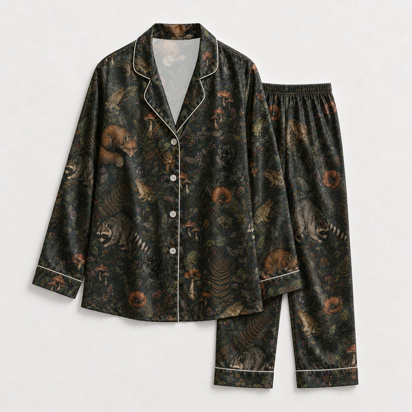 PJ-087-Forest Wildlife Pajama Set with Woodland Animals, Botanical Elements, and Natural Pattern Design FREE SHIPING