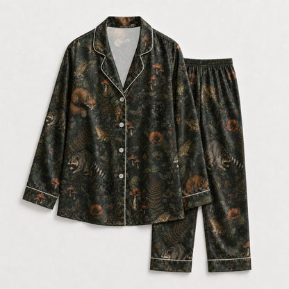 PJ-087-Forest Wildlife Pajama Set with Woodland Animals, Botanical Elements, and Natural Pattern Design FREE SHIPING