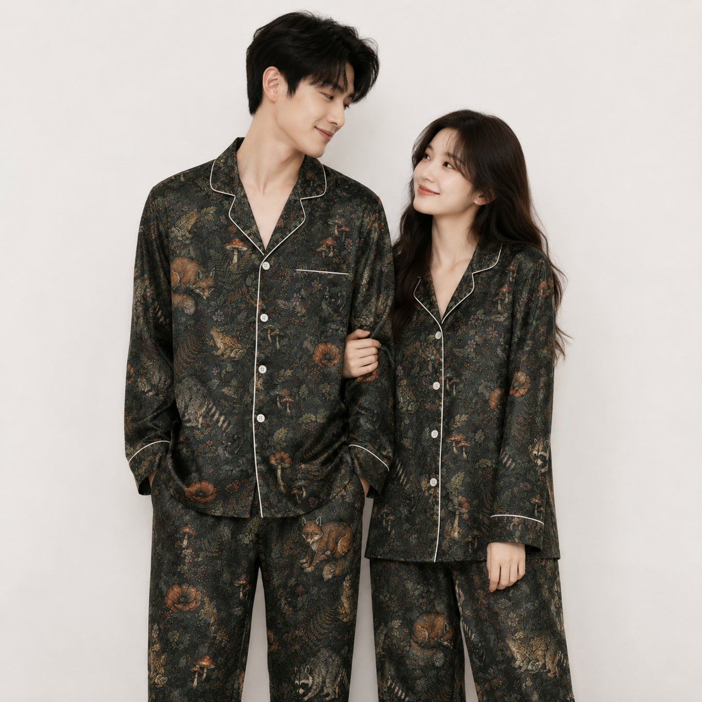 PJ-087-Forest Wildlife Pajama Set with Woodland Animals, Botanical Elements, and Natural Pattern Design FREE SHIPING