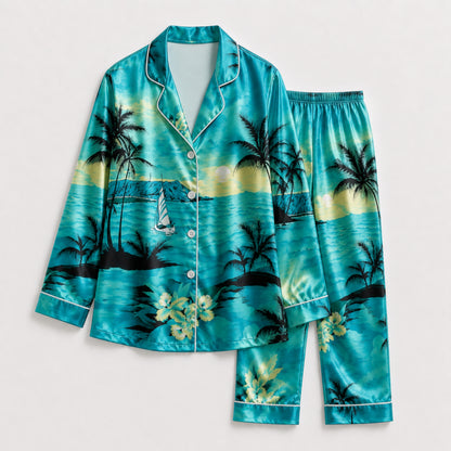 PJ-088-Unisex Tropical Ocean Pajama Set with Palm Trees, Sailboats, and Sunset Beach Pattern FREE SHIPING