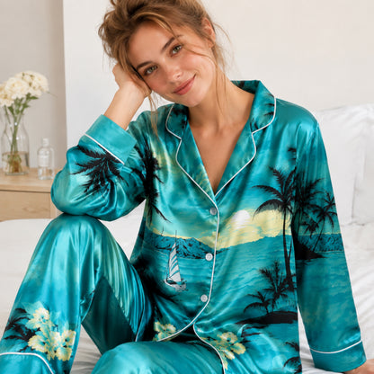PJ-088-Unisex Tropical Ocean Pajama Set with Palm Trees, Sailboats, and Sunset Beach Pattern FREE SHIPING