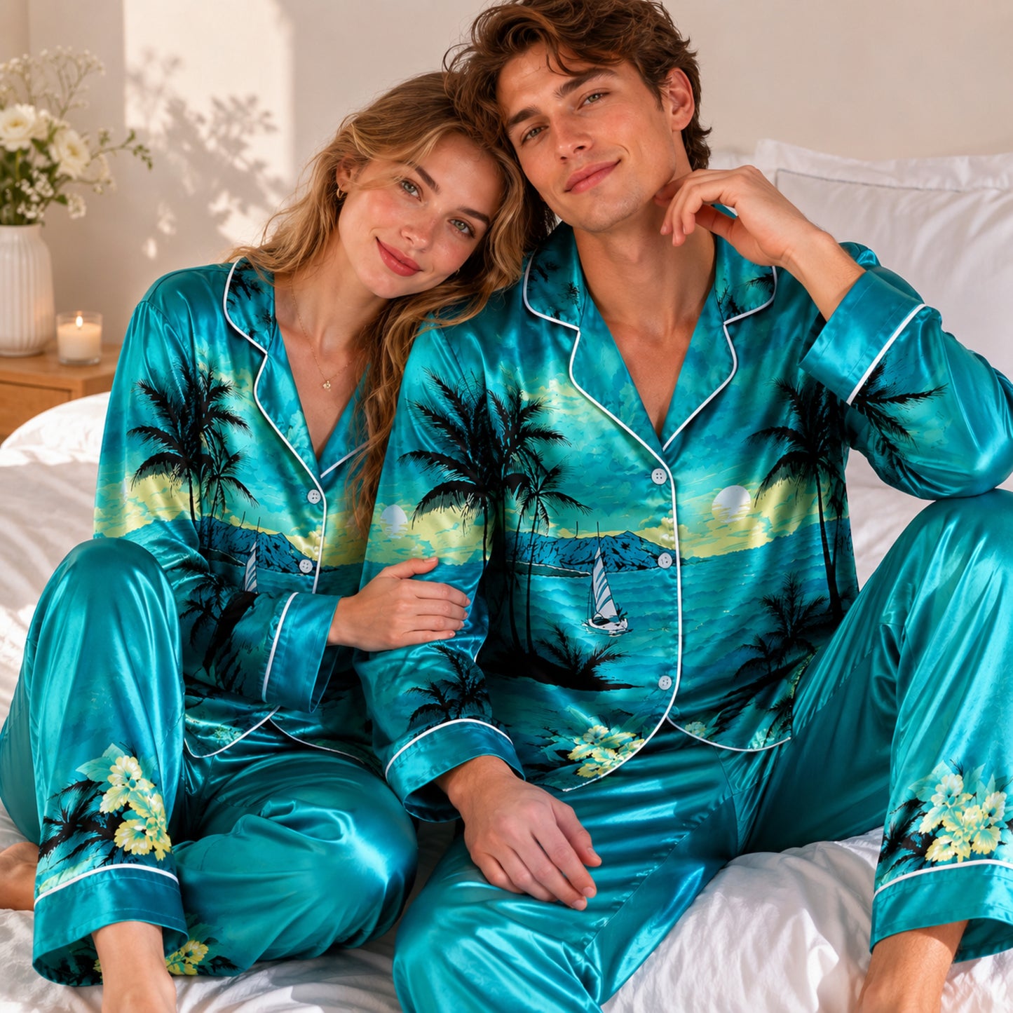 PJ-088-Unisex Tropical Ocean Pajama Set with Palm Trees, Sailboats, and Sunset Beach Pattern FREE SHIPING