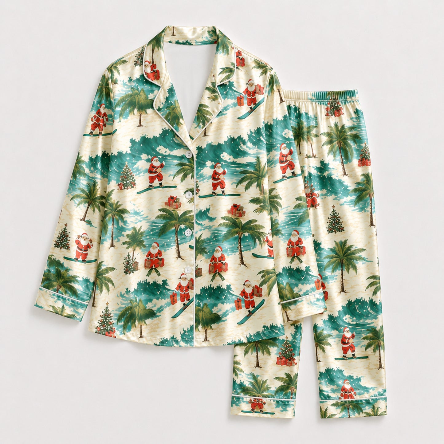 PJ-090-Unisex Christmas Tropical Santa Palm Tree Satin Pajama Set with High Quality Holiday Beach Print FREE SHIPING