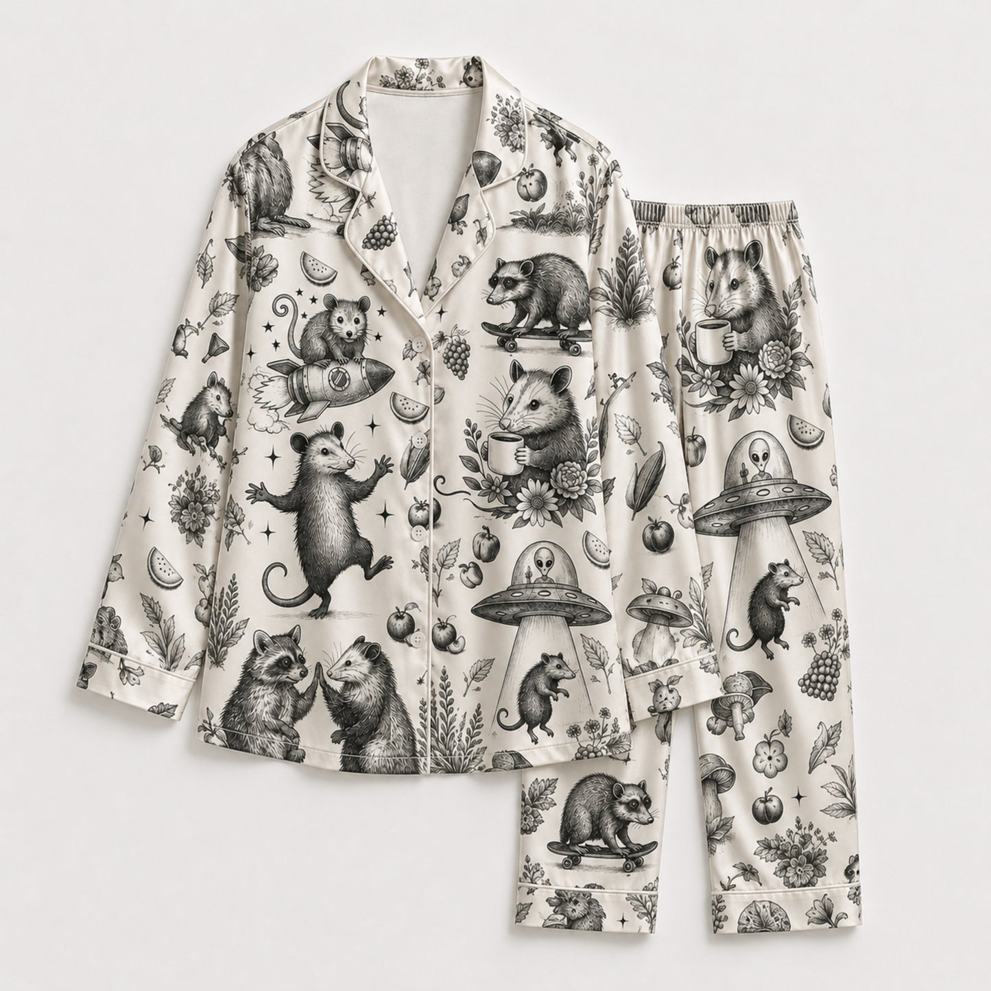 PJ-091-Unisex Christmas Tropical Santa Palm Tree Satin Pajama Set with High Quality Holiday Beach Print FREE SHIPING