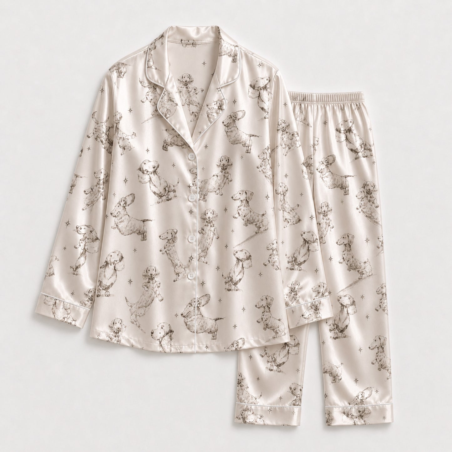 PJ-094-Unisex Dachshund Dog Star Sketch Satin Pajama Set with High Quality Minimal Puppy Print FREE SHIPING