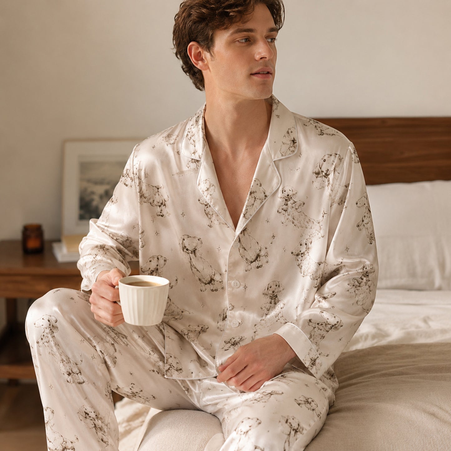 PJ-094-Unisex Dachshund Dog Star Sketch Satin Pajama Set with High Quality Minimal Puppy Print FREE SHIPING