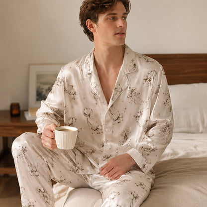PJ-094-Unisex Dachshund Dog Star Sketch Satin Pajama Set with High Quality Minimal Puppy Print FREE SHIPING