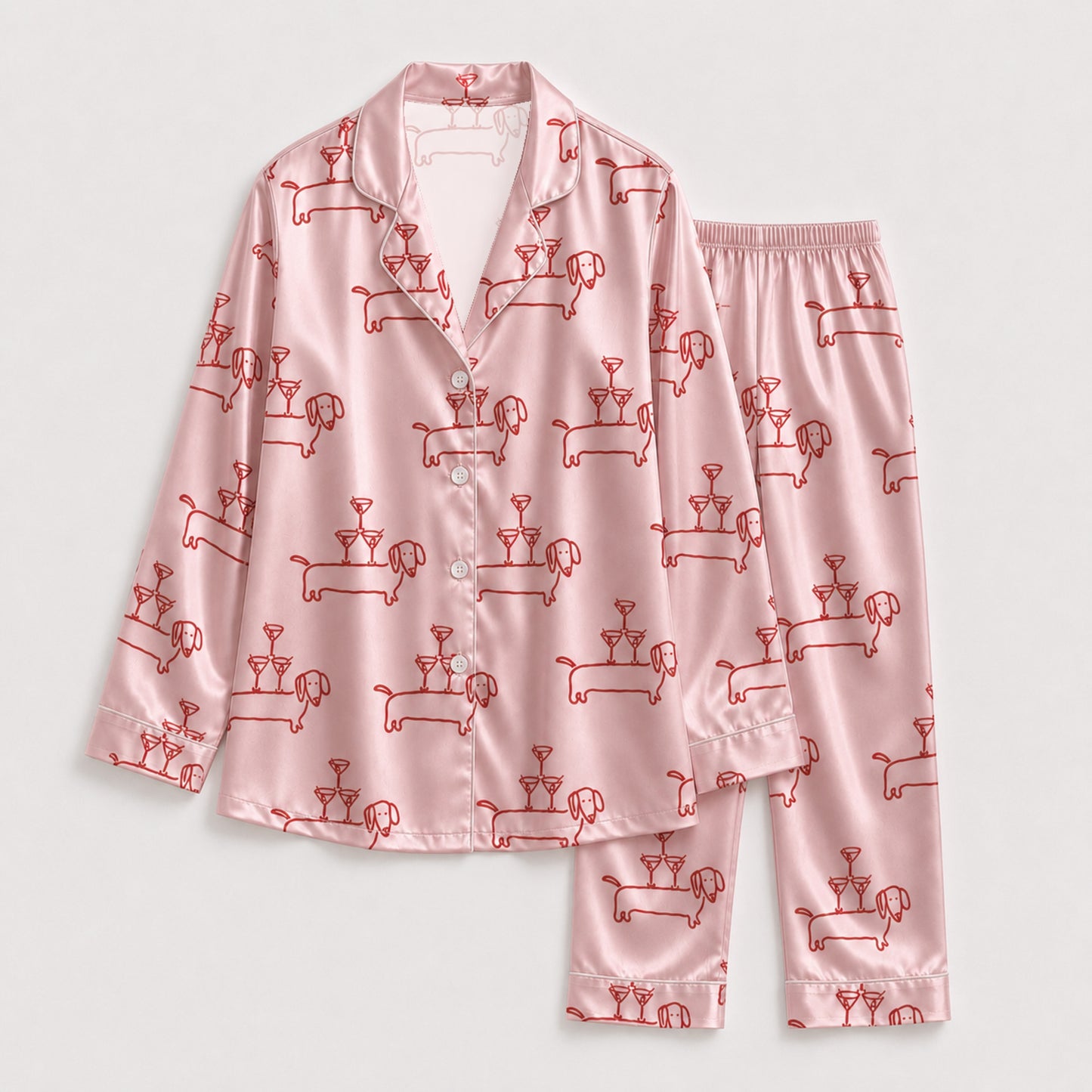 PJ-095-Unisex Dachshund Martini Line Art Satin Pajama Set with High Quality Pink Dog Print FREE SHIPING