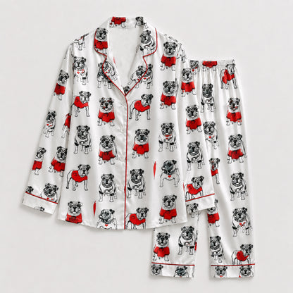 PJ-096-Unisex Bulldog Red Sweater Satin Pajama Set with High Quality Dog Illustration Print FREE SHIPING