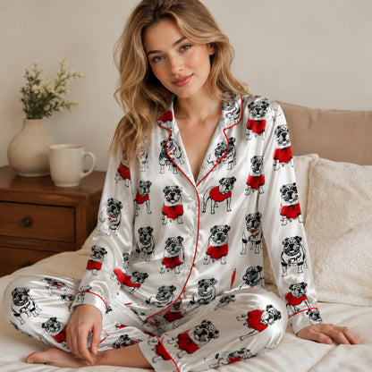 PJ-096-Unisex Bulldog Red Sweater Satin Pajama Set with High Quality Dog Illustration Print FREE SHIPING