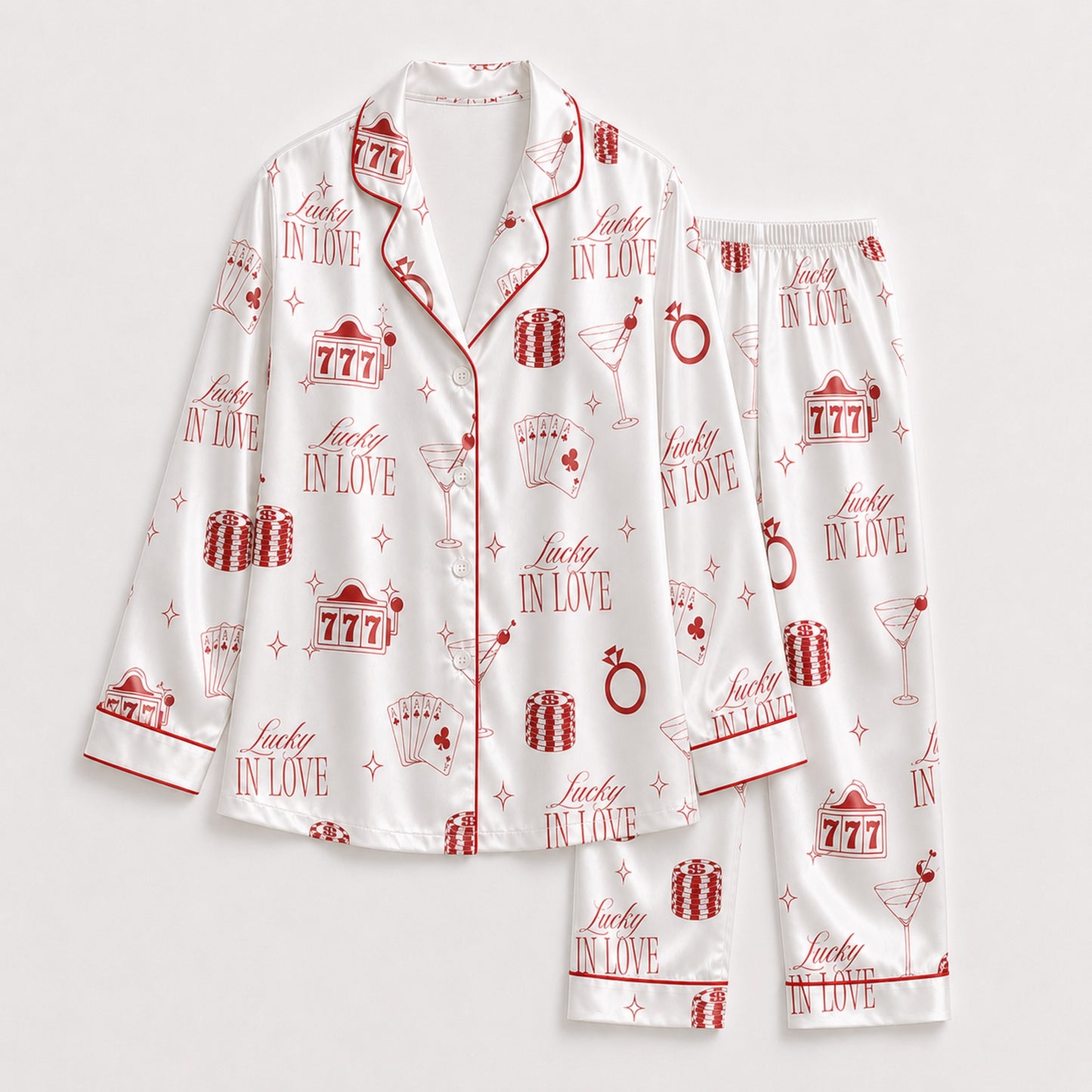 PJ-097-Vegas Inspired Satin Pajama Set, Red Lucky In Love Print, Soft Button Up Nightwear Gift FREE SHIPING