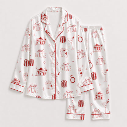 PJ-097-Vegas Inspired Satin Pajama Set, Red Lucky In Love Print, Soft Button Up Nightwear Gift FREE SHIPING