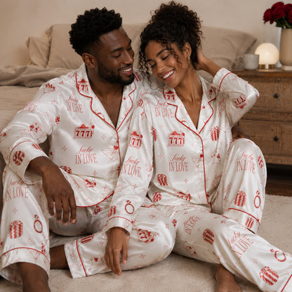 PJ-097-Vegas Inspired Satin Pajama Set, Red Lucky In Love Print, Soft Button Up Nightwear Gift FREE SHIPING