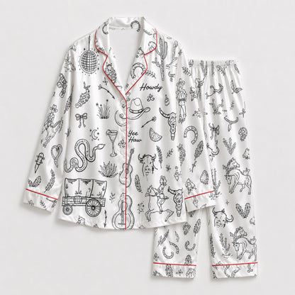 PJ-098-Unisex Western Cowboy Rodeo Satin Pajama Set with High Quality Ranch Illustration Print FREE SHIPING