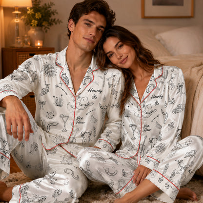 PJ-098-Unisex Western Cowboy Rodeo Satin Pajama Set with High Quality Ranch Illustration Print FREE SHIPING