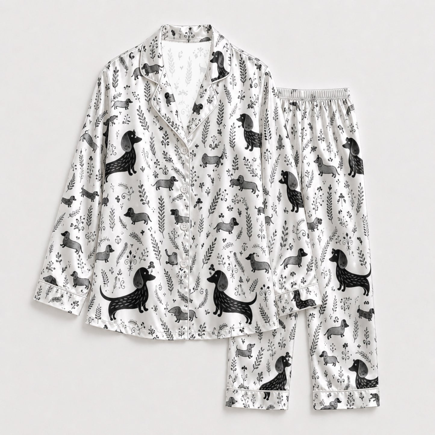 PJ-099-White Unisex Satin Dachshund Pattern Pajamas Black Grey Puppy Loungewear Sleepwear Nightwear Apparel Matching Set FREE SHIPING