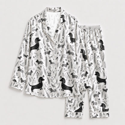 PJ-099-White Unisex Satin Dachshund Pattern Pajamas Black Grey Puppy Loungewear Sleepwear Nightwear Apparel Matching Set FREE SHIPING