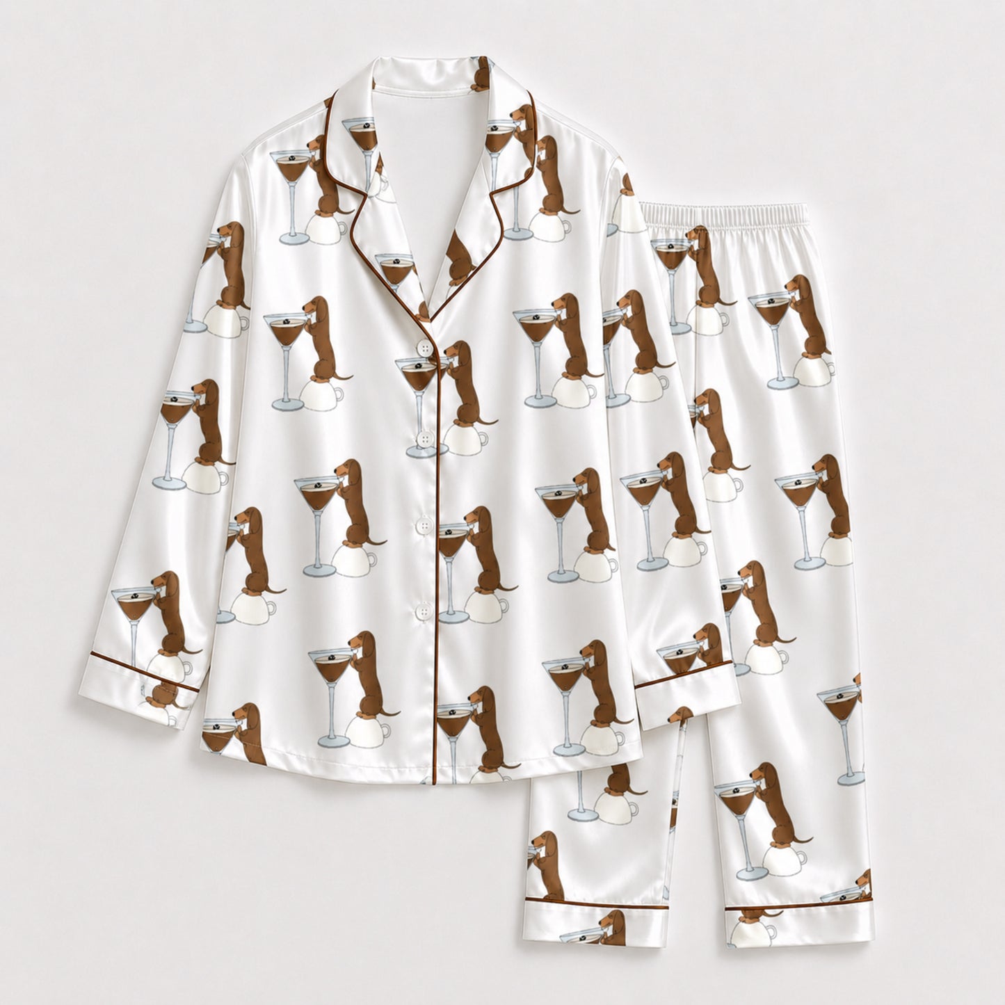 PJ-100-Dachshund Martini Satin Pajama Set With Dog Print Button Up Shirt And Matching Lounge Bottoms FREE SHIPING