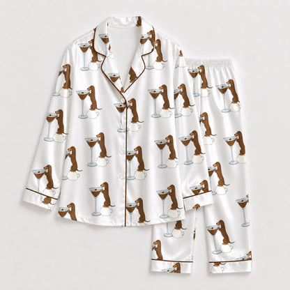 PJ-100-Dachshund Martini Satin Pajama Set With Dog Print Button Up Shirt And Matching Lounge Bottoms FREE SHIPING