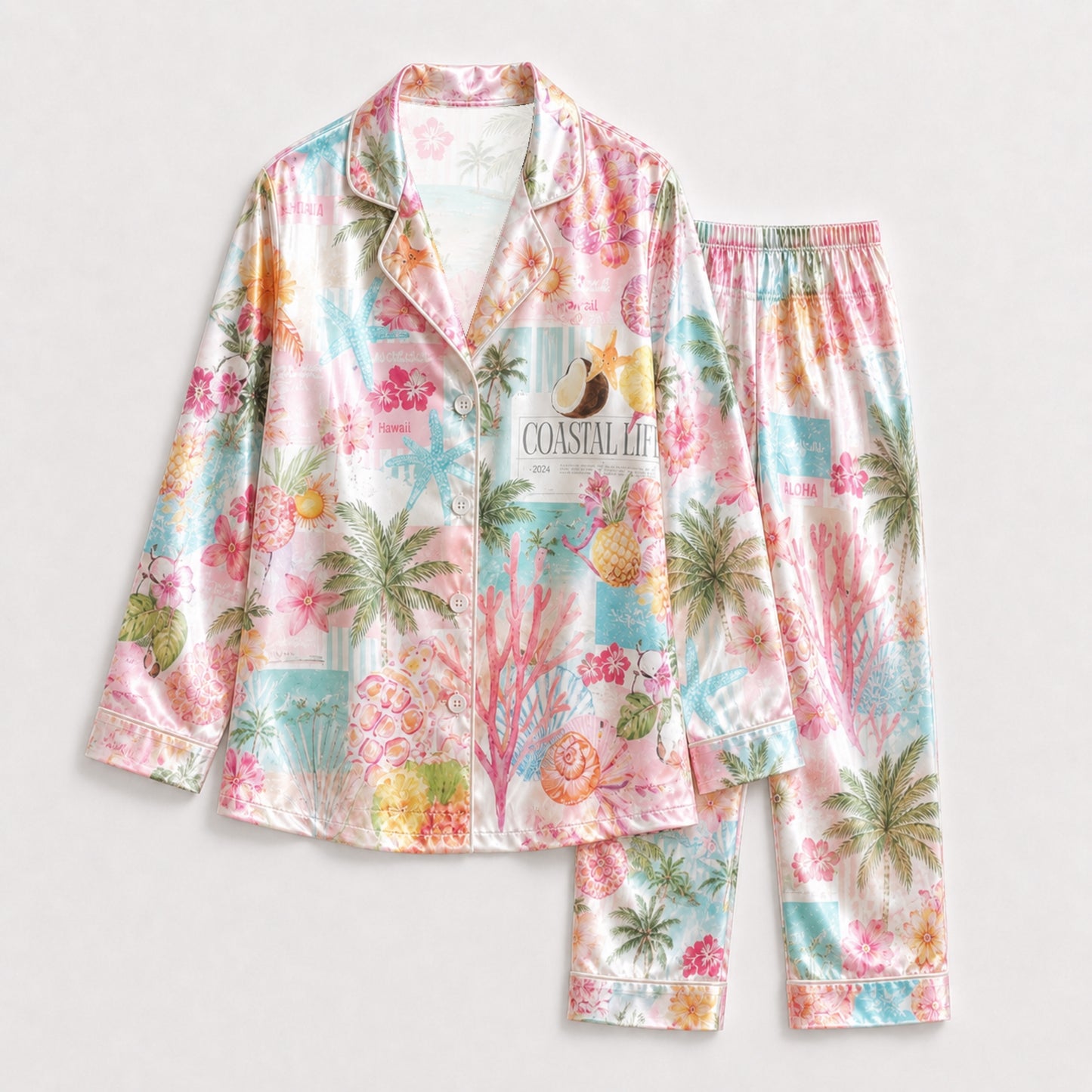 PJ-101-Unisex Pink Satin Novelty Beach Theme Pajamas Button Up Sleepwear Nightwear Loungewear Summer Clothing Set FREE SHIPING