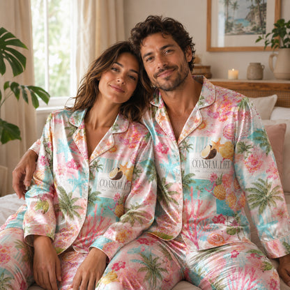 PJ-101-Unisex Pink Satin Novelty Beach Theme Pajamas Button Up Sleepwear Nightwear Loungewear Summer Clothing Set FREE SHIPING