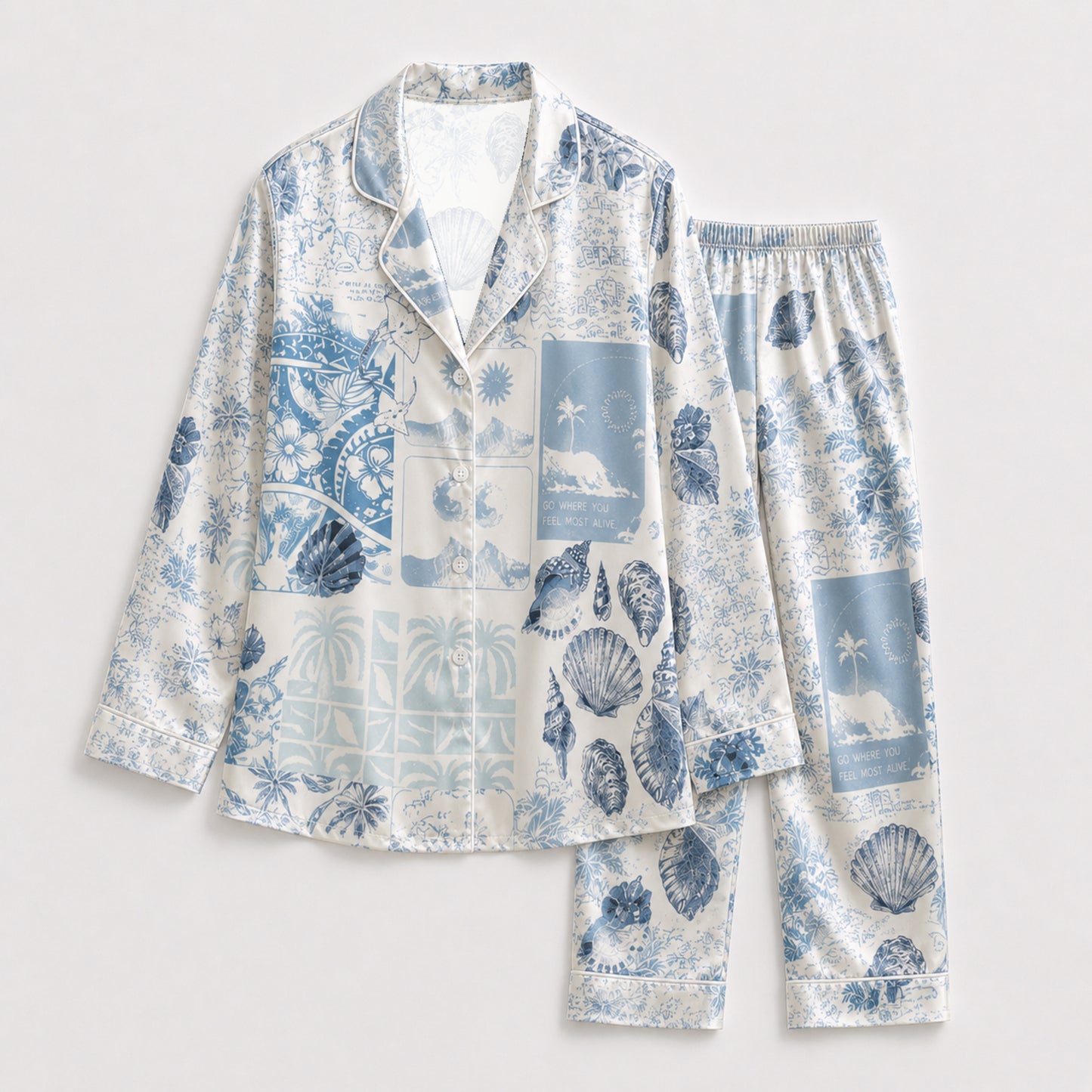 PJ-102-Satin Blue Coastal Patchwork White Piping Button Up Pajama Set FREE SHIPING