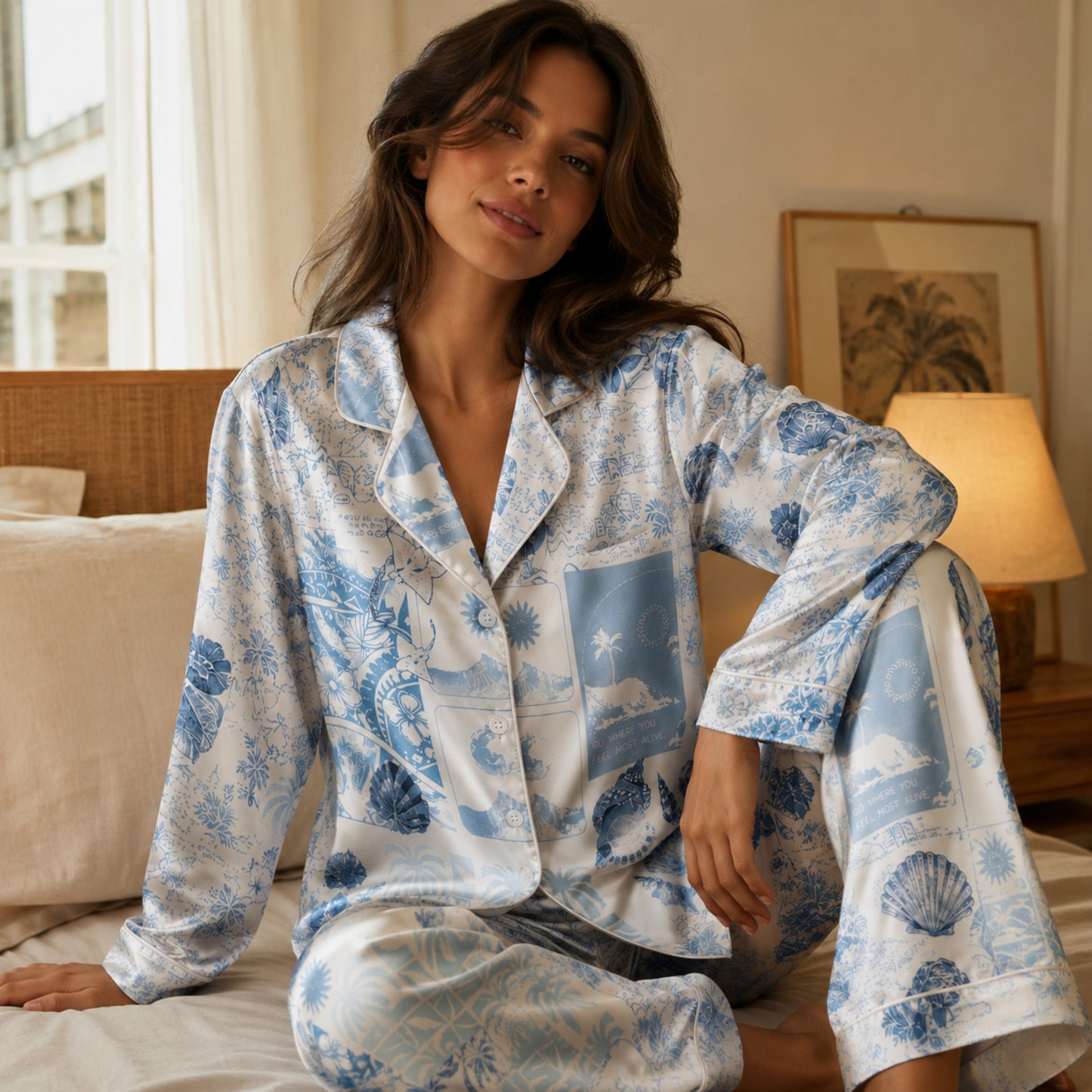 PJ-102-Blue Unisex Satin Palm Tree Pattern Pajamas Toile Nautical Graphic Loungewear Sleepwear Nightwear Apparel Matching Set FREE SHIPING