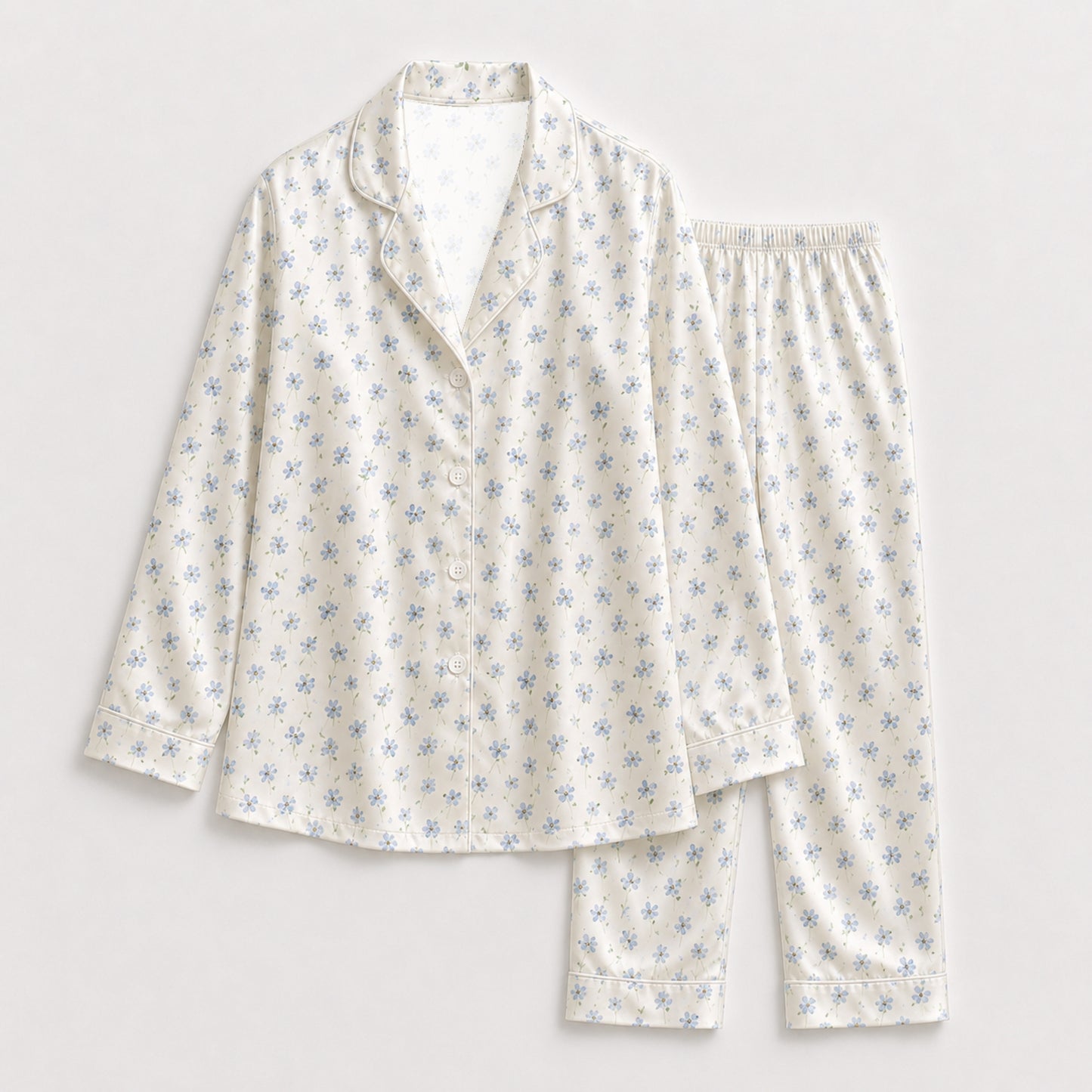 PJ-103-Satin Ditsy Blue Floral White Piping Button Up Pajama Set FREE SHIPING