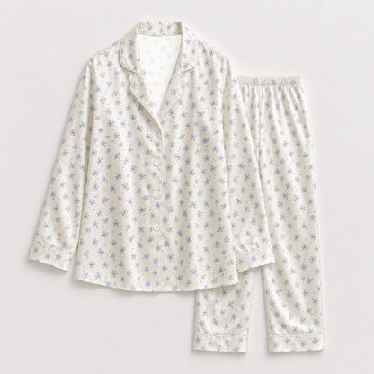 PJ-103-Satin Ditsy Blue Floral White Piping Button Up Pajama Set FREE SHIPING