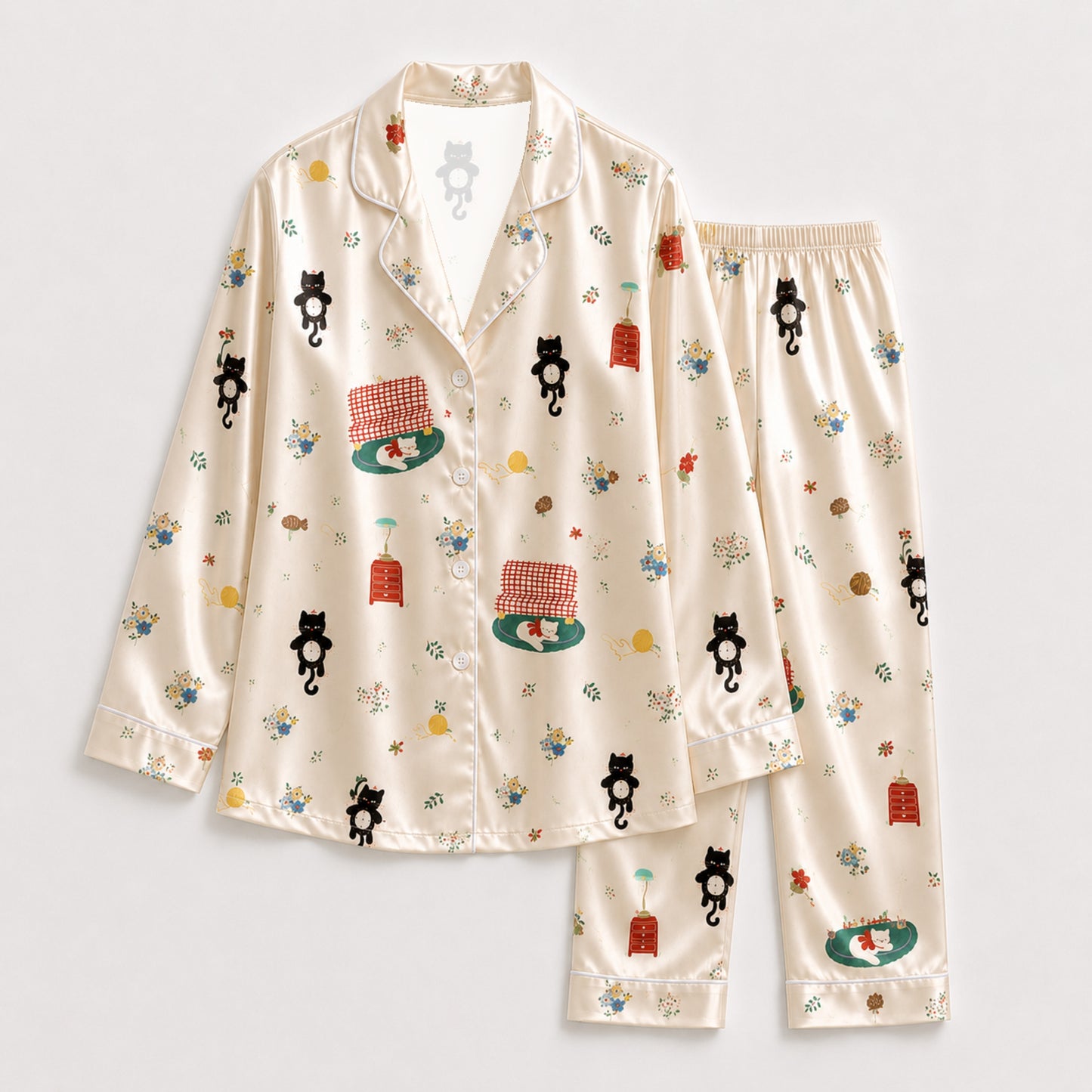 PJ-104-Unisex Cream Satin Whimsical Feline Theme Pajamas Button Up Sleepwear Nightwear Loungewear Animal Clothing Set FREE SHIPING